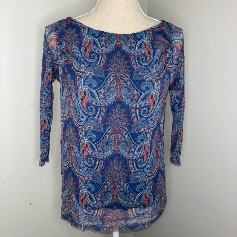 Weston Wear Anthropologie sheer overlay blue paisley scroll stretch top sz Small